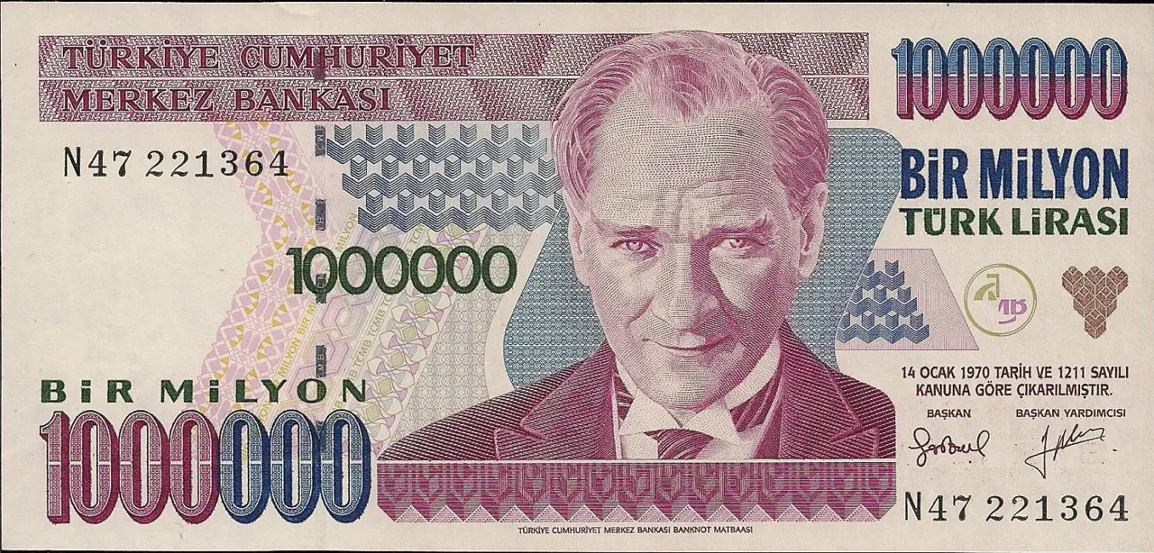 1995 tarihli bir milyon Türk lirası banknotu; üzerinde 1000000 rakamı, Bir Milyon Türk Lirası yazısı ve Atatürk portresi.