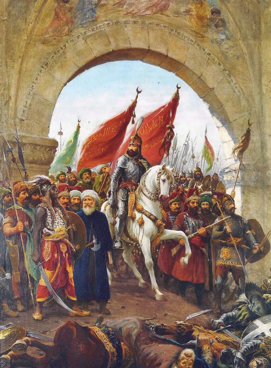 Beyaz at üstünde zırhlı bir sultan, taş bir kemerin altından kızıl sancaklarla şehre giriyor.