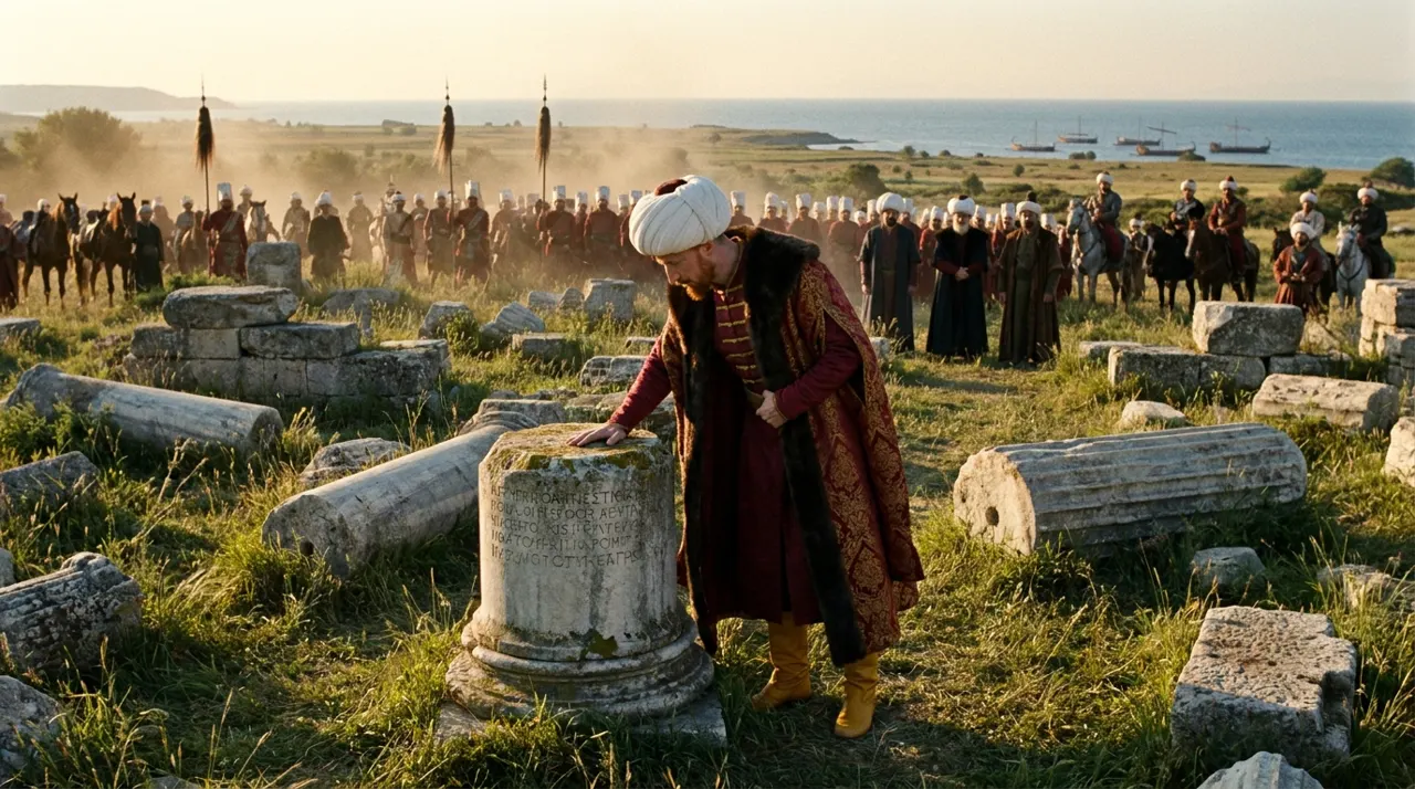 Kürklü kırmızı kaftanlı, beyaz sarıklı bir sultan harabeler arasında bir mezar taşına eğilmiş; arkada mızraklı süvariler, uzakta deniz ve gemiler.