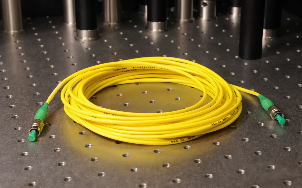 Kesitten görünen fiber optik demet: uçlarından parlak ışık çıkan çok sayıda ince cam lif.