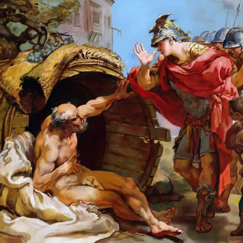 Diyojen (Sinoplu Diogenes), MÖ 4. yüzyılda yaşamış, Kinik (Sinik) okulun en uç örneğiydi. Felsefesi tek bir fikre dayanıyordu: insanı asıl özgür kılan şey, hiçbir şeye ihtiyaç duymamaktır. Bu inancı o kadar ciddiye almıştı ki neredeyse hiçbir şeyi yoktu — bir asa, bir torba, bir hırka. Atina'da bir fıçının (aslında büyük bir seramik küpün) içinde yaşıyordu. Elinde tek kâse vardı; bir gün bir çocuğun avuçlarıyla su içtiğini görünce "bir çocuk beni sadelikte geçti" deyip kâseyi de fırlatıp attı.
Bir gün, o dönemin bilinen dünyasının en güçlü adamı Büyük İskender Korint'e geldi. Herkes onu görmeye, önünde eğilmeye koşuyordu — ama Diyojen umursamadı, gelip onu ziyaret etme zahmetine bile girmedi. Bunun üzerine İskender, merakına yenilip filozofu kendi ayağına gitti. Diyojen'i bir meydanda, güneşin altında sırtüstü uzanmış dinlenirken buldu.
İskender üstünde dikildi ve dünyanın en cazip teklifini yaptı: "Benden ne dilersen iste." İmparatorluğun kapıları açıktı — altın, mevki, ne isterse.
Diyojen gözlerini kısarak ona baktı ve sadece şunu söyledi:
"Gölge etme, başka ihsan istemem." (Yani: "Biraz kenara çekil de güneşimi kapatma.")
Etraftaki herkes dondu kaldı. Dünyayı fetheden adama "şu an benim için yapabileceğin en değerli şey, çekilip güneşimi engellememendir" demişti. İskender'in elindeki tüm güç, bir anda hiçbir şeye ihtiyacı olmayan bir adamın karşısında anlamını yitirmişti.
Ama hikâyenin asıl çarpıcı yanı İskender'in tepkisi. Etrafındakiler bu küstah ihtiyarla alay edip gülerken, İskender ciddileşti ve şöyle dedi:
"İskender olmasaydım, Diyojen olmak isterdim."
İşin güzelliği burada: Tüm dünyaya sahip olan adam, hiçbir şeye sahip olmayan adama imreniyordu. Çünkü Diyojen'in sahip olduğu tek şey — hiçbir şeye muhtaç olmamanın getirdiği o mutlak özgürlük — İskender'in bütün ordularıyla bile fethedemeyeceği tek şeydi.