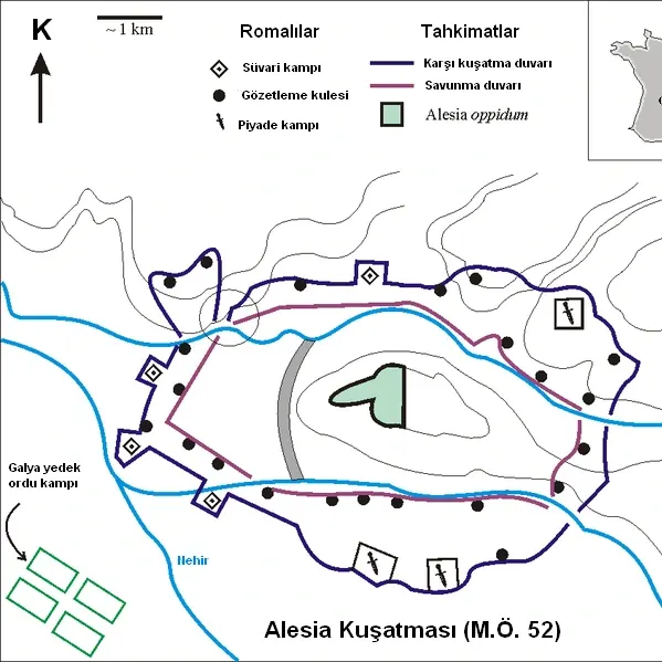 Alesia Kuşatması,
Jül Sezar, Galya'yı (bugünkü Fransa) fethederken, 80.000 kişilik ordusuyla Alesia tepesine kapanan isyancı lider Vercingetorix ile karşılaştı. Sezar doğrudan saldırmak yerine, kasabanın etrafına 18 kilometrelik devasa bir duvar ördürdü. Hedef netti: Düşmanı içerde açlığa mahkum etmek.
Ancak asıl hikâye, dışarıdan devasa bir Galya destek ordusunun geldiğini öğrenince başladı. Çoğu komutan kaçardı ama Sezar imkânsızı yaptı: Dışarıya dönük ikinci bir duvar daha inşa etti! Sezar artık ordusuyla beraber iki duvarın, dolayısıyla iki düşman ordusunun arasına kendi isteğiyle hapsolmuştu. Kuşatmacıyken kuşatılan olmuştu.
İki ateş arasında kalan Romalılar için savaş korkunçtu. Savunmanın çökmek üzere olduğu o en kritik anda Sezar, meşhur kırmızı pelerinini dalgalandırarak bizzat cepheye koştu ve askerlerine cesaret vererek hattı tuttu.
Sonuç mu? Duvarlar yıkılmadı, destek ordusu dağıldı ve Vercingetorix teslim oldu. Sezar koca bir coğrafyayı kılıç darbeleriyle değil; mühendislik, zekâ ve çelik gibi bir sinirle dize getirmişti!