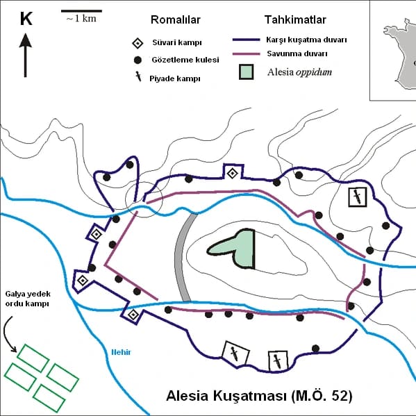 Alesia Kuşatması,
Jül Sezar, Galya'yı (bugünkü Fransa) fethederken, 80.000 kişilik ordusuyla Alesia tepesine kapanan isyancı lider Vercingetorix ile karşılaştı. Sezar doğrudan saldırmak yerine, kasabanın etrafına 18 kilometrelik devasa bir duvar ördürdü. Hedef netti: Düşmanı içerde açlığa mahkum etmek.

Ancak asıl hikâye, dışarıdan devasa bir Galya destek ordusunun geldiğini öğrenince başladı. Çoğu komutan kaçardı ama Sezar imkânsızı yaptı: Dışarıya dönük ikinci bir duvar daha inşa etti! Sezar artık ordusuyla beraber iki duvarın, dolayısıyla iki düşman ordusunun arasına kendi isteğiyle hapsolmuştu. Kuşatmacıyken kuşatılan olmuştu.

İki ateş arasında kalan Romalılar için savaş korkunçtu. Savunmanın çökmek üzere olduğu o en kritik anda Sezar, meşhur kırmızı pelerinini dalgalandırarak bizzat cepheye koştu ve askerlerine cesaret vererek hattı tuttu.

Sonuç mu? Duvarlar yıkılmadı, destek ordusu dağıldı ve Vercingetorix teslim oldu. Sezar koca bir coğrafyayı kılıç darbeleriyle değil; mühendislik, zekâ ve çelik gibi bir sinirle dize getirmişti!