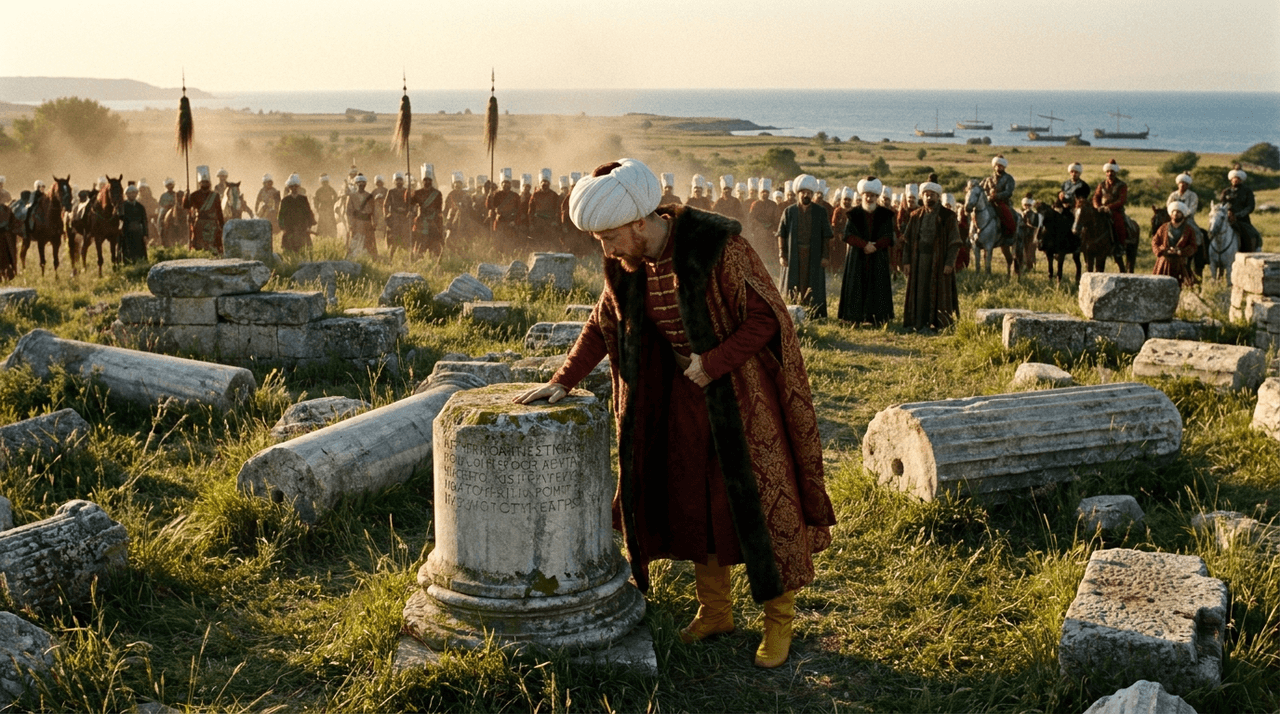 Kürklü kırmızı kaftanlı, beyaz sarıklı bir sultan harabeler arasında bir mezar taşına eğilmiş; arkada mızraklı süvariler, uzakta deniz ve gemiler.